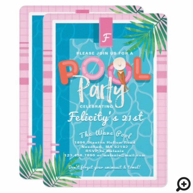Fun Tropical Pink & Blue Illustrative Pool Party Invitation