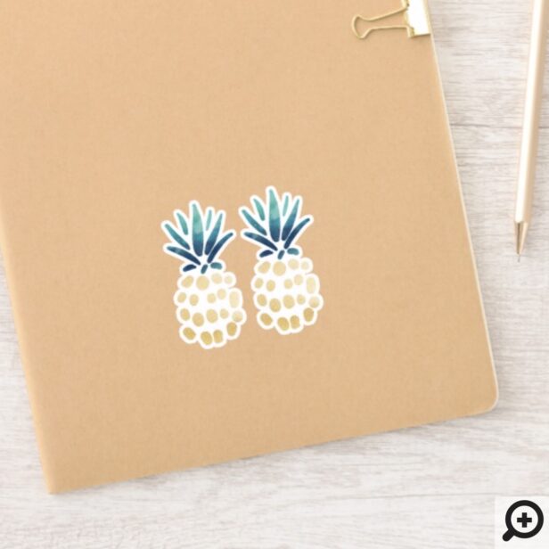 Blue, Teal & Gold Tropical Pineapple Fruit Sticker