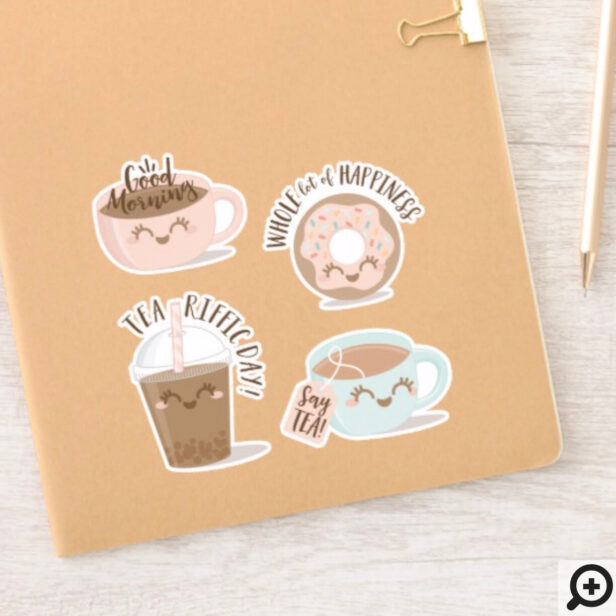 Cute Typographic Kawaii Style Tea, Coffee & Donut Sticker