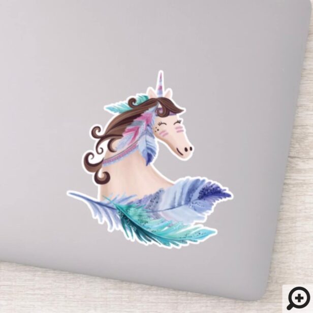 Wild Tribal Watercolor Unicorn Horse & Feathers Sticker