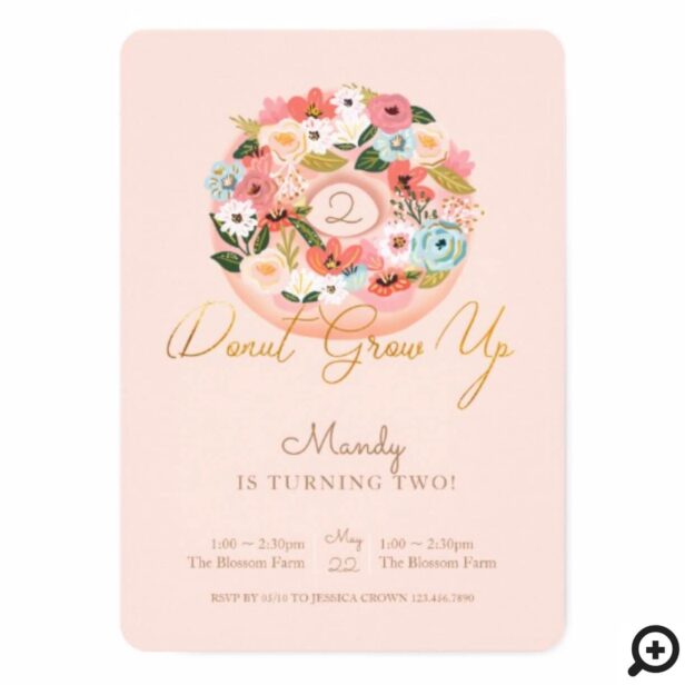 Donut Grow Up Floral Blossoming Donut Birthday Pink Invitation