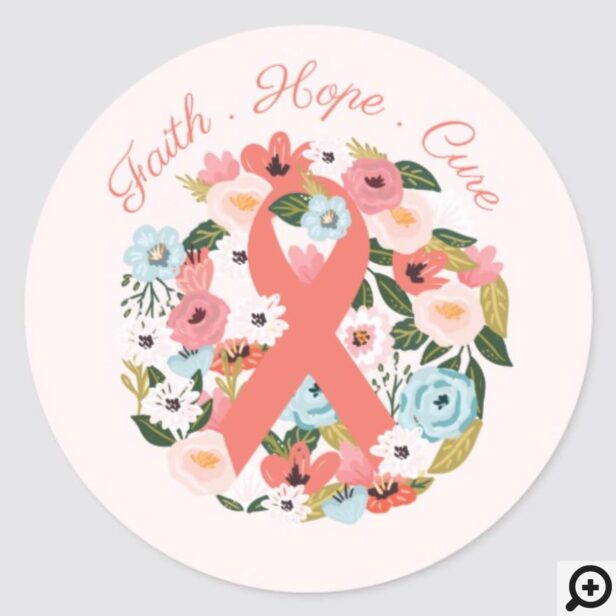 Faith Hope Cure Breast Cancer Ribbon & Florals Classic Round Sticker