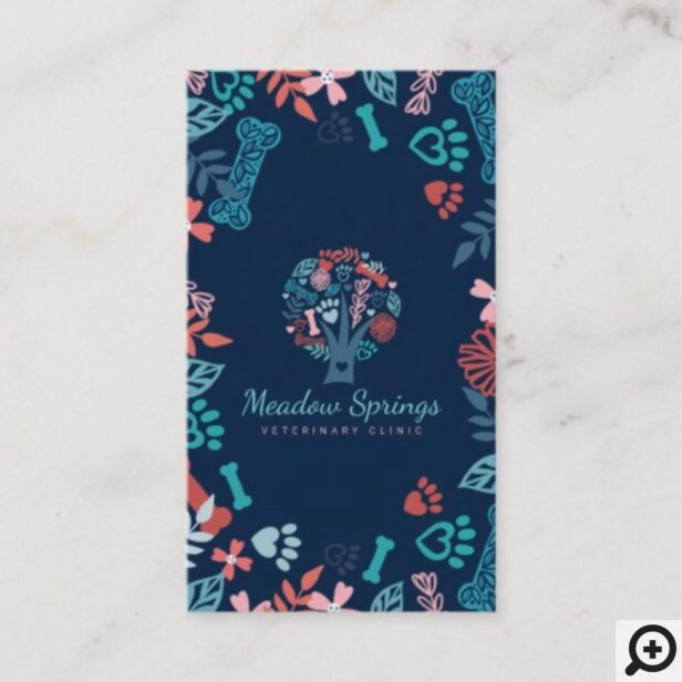 Floral & Foliage Pet Paw Print Pattern Tree Navy Business Card