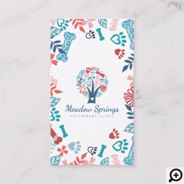 Floral & Foliage Pet Paw Print Pattern Tree White Business Card
