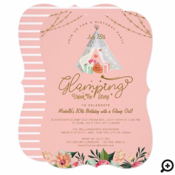 Glamping Under the Stars Tepee Pink & Gold Camping Invitation