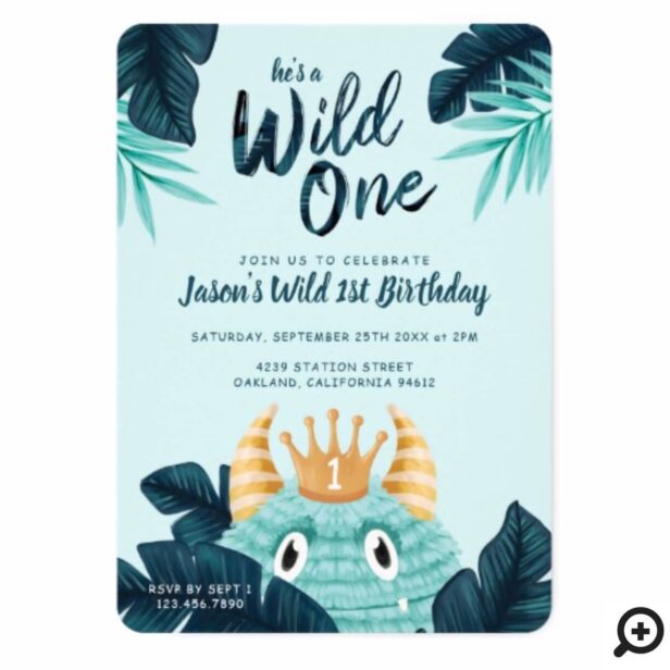 He's a Wild One Blue Monster & Tropical Jungle Invitation