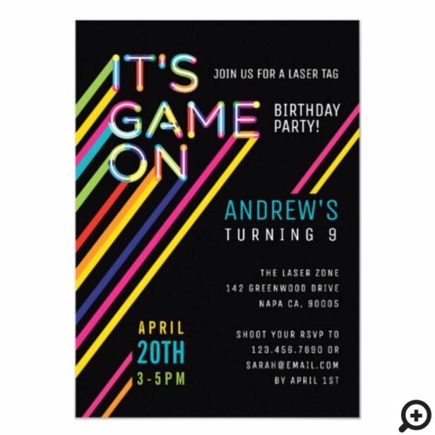 It's Game On Colorful Neon Laser Tag Birthday Invitation