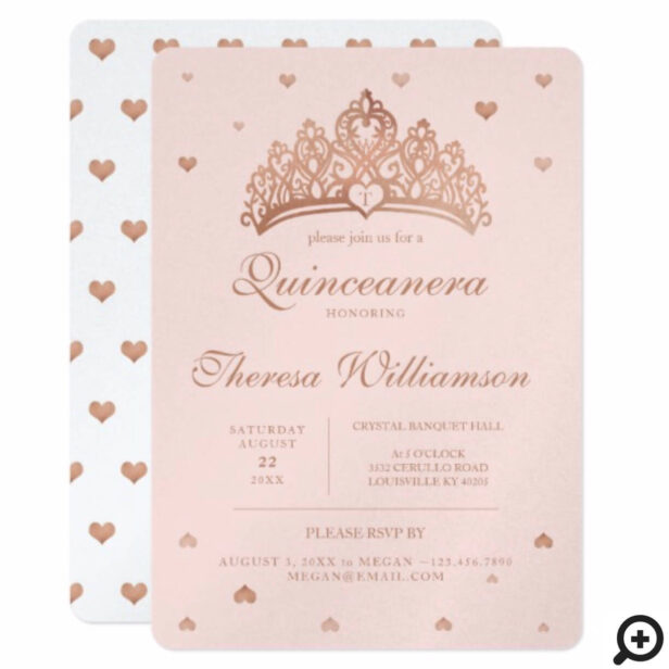 Quinceañera Princess Crown & Heart Rose Gold Invitation