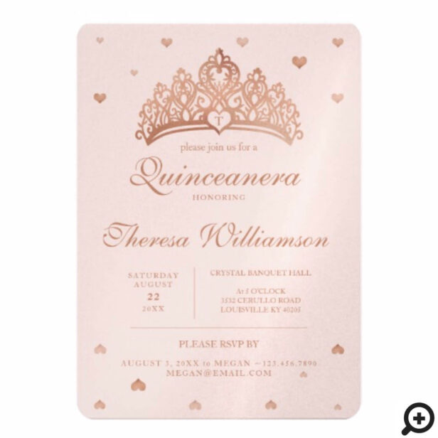 Quinceañera Princess Crown & Heart Rose Gold Invitation