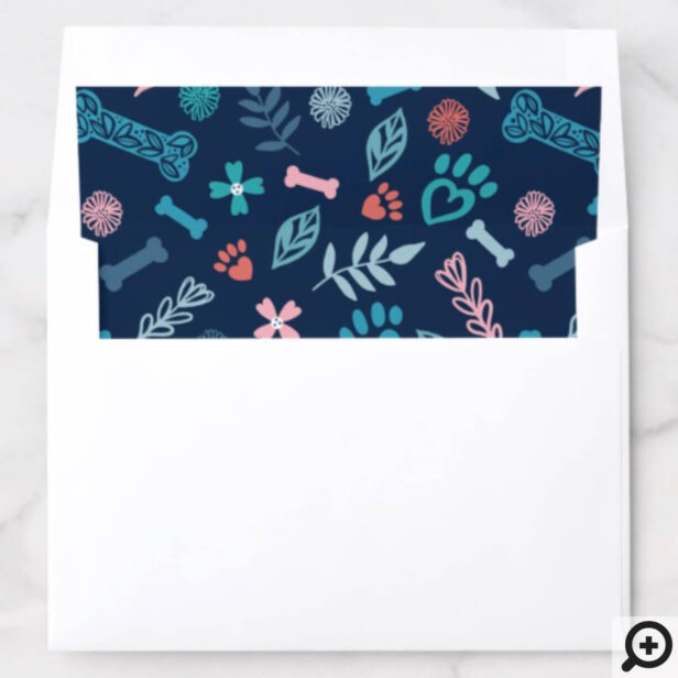 Floral & Foliage Pet Paw Print & Bone Pattern Navy Envelope Liner