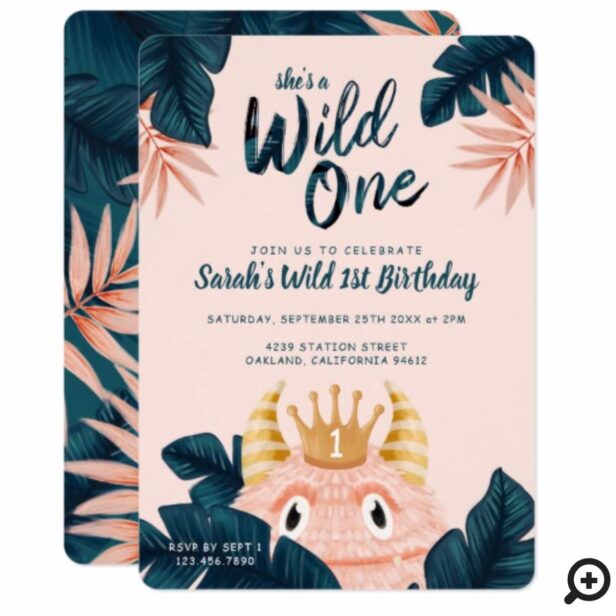 She's a Wild One Pink Monster & Tropical Jungle Invitation