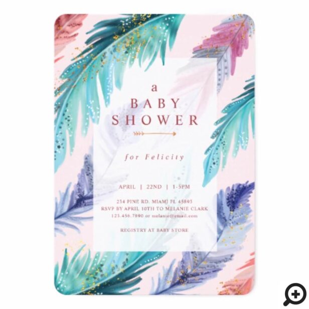 Watercolor Feathers Chic Bohemian Girl Baby Shower Invitation