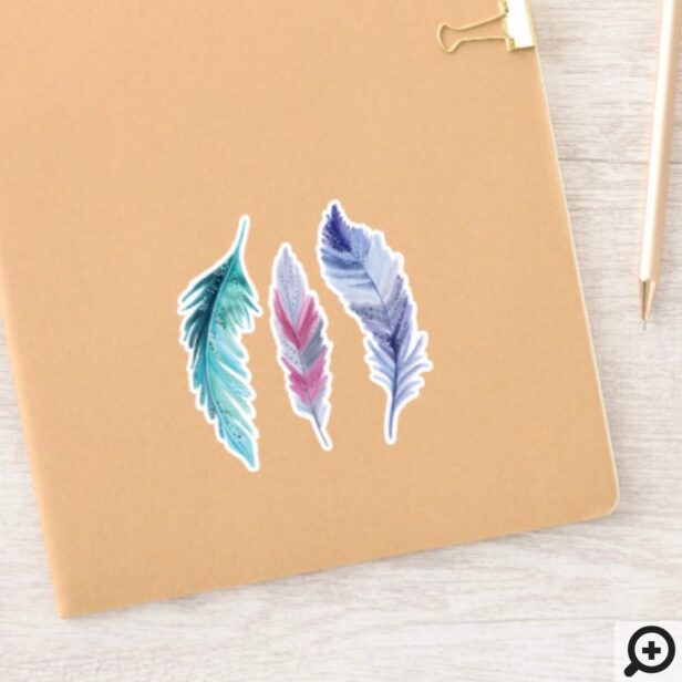 Whimsical Teal, Pink & Purple Watercolor Feather Sticker