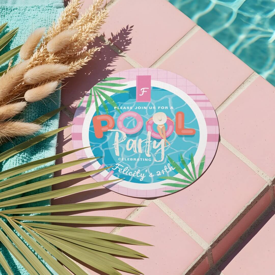 Fun Pink Tropical Palm Summer Pool Party Birthday Invitation
