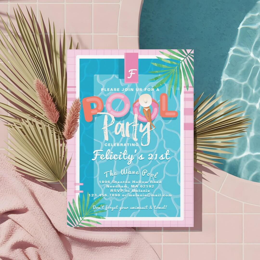 Fun Pink Tropical Palm Summer Pool Party Birthday Invitation