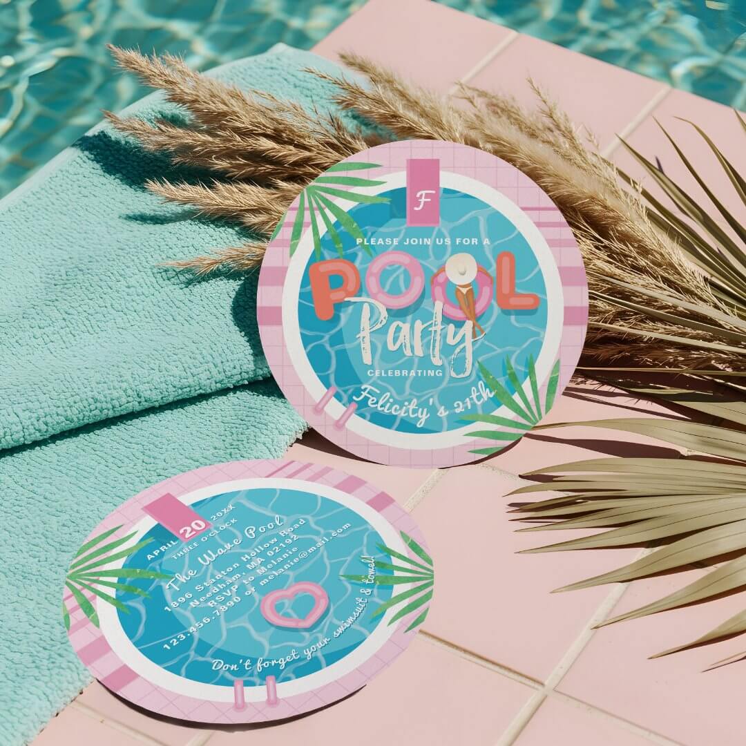 Fun Pink Tropical Palm Summer Pool Party Birthday Invitation