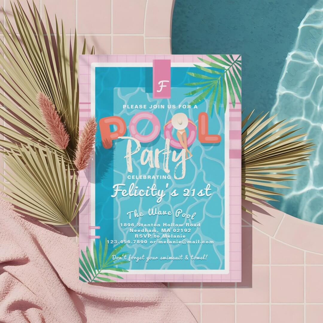 Fun Pink Tropical Palm Summer Pool Party Birthday Invitation