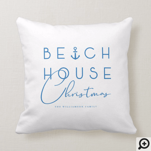 Beach House Christmas Coastal Blue Nautical Ocean Throw Pillow