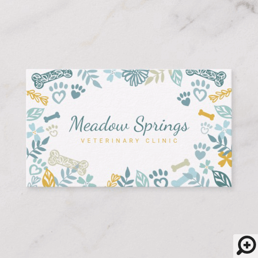 Blue Floral & Foliage Pet Paw Print Pattern Business Card