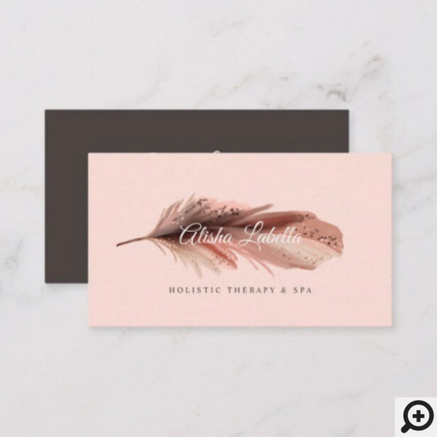 Elegant Boho Brown & Blush Pink Watercolor Feather Business Card