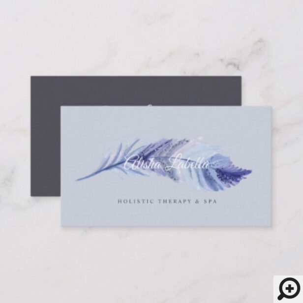 Elegant Boho Grey & Dusty Blue Watercolor Feather Business Card