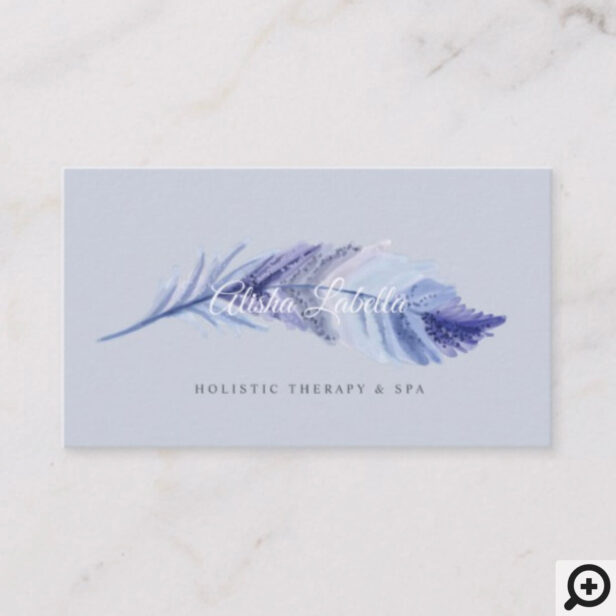 Elegant Boho Grey & Dusty Blue Watercolor Feather Business Card