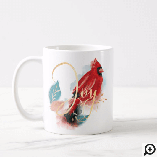 Joy Red Perched Cardinal Watercolor Christmas Bird Coffee Mug