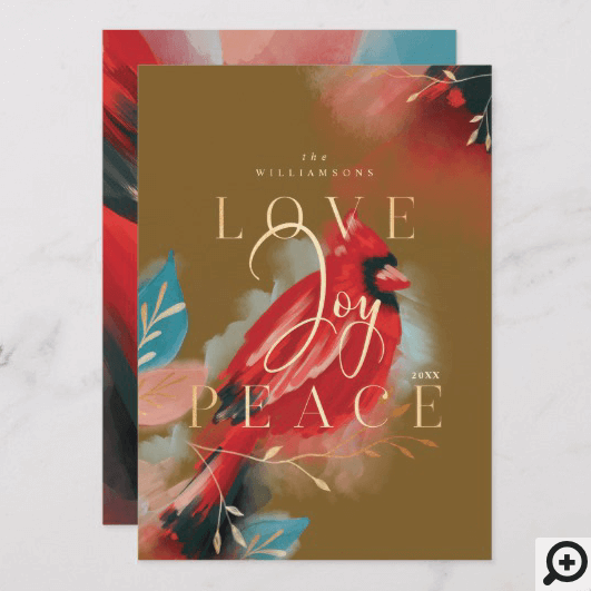 Love Joy & Peace Red Cardinal Watercolor Green Holiday Card
