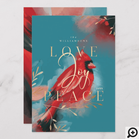 Love Joy & Peace Red Cardinal Watercolor Teal Blue Holiday Card