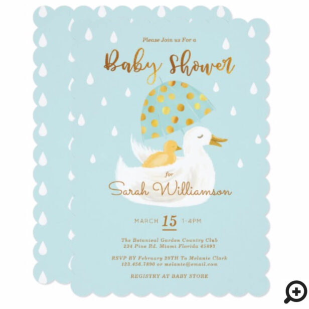 Mother & Baby Yellow Ducky Umbrella Light Blue Baby Shower Invitation