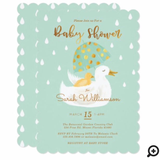 Mother & Baby Yellow Ducky Umbrella Mint Green Baby Shower Invitation