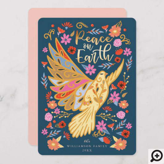 Peace on Earth Dove Floral Folk Art Deep Blue Holiday Card