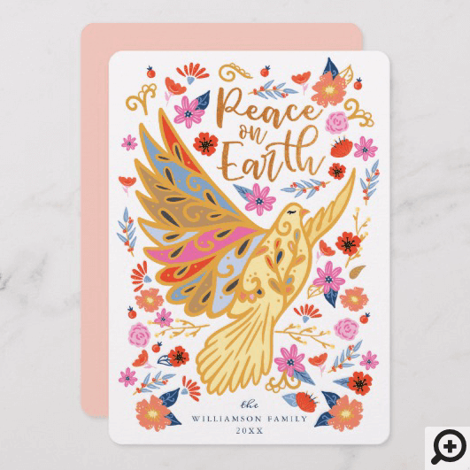 Peace on Earth Dove Floral Folk Art White Holiday Card