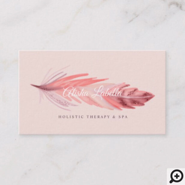 Elegant Boho Coral & Blush Pink Watercolor Feather Business Card