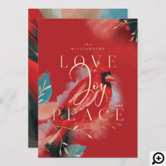 Love Joy & Peace Red Cardinal Watercolor Red Holiday Card