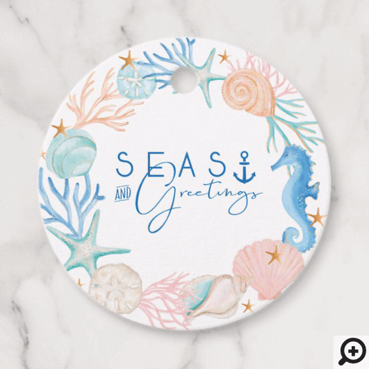 Seas & Greetings Ocean Watercolor Seashell Wreath Favor Tags