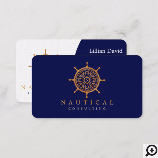 Sophisticated Navy Blue Nautical Ship Wheel Logo Business Card