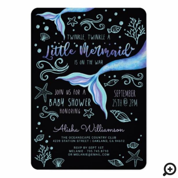 Twinkle Twinkle Iridescent Ocean Mermaid Black Invitation