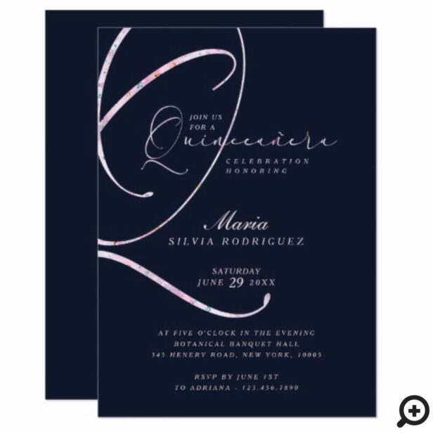 Elegant Minimal Navy & Pink Script Quinceañera Invitation