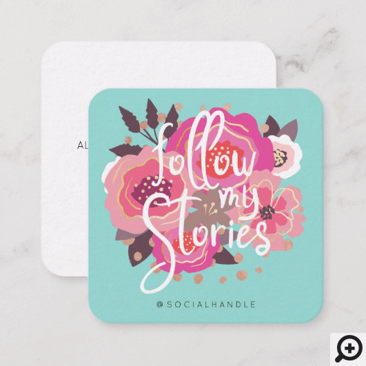 Follow My Instagram Stories Mint Blue Floral Social Media Square Business Card