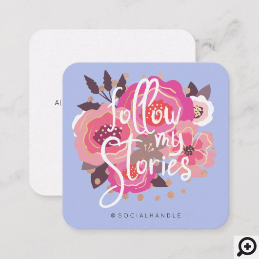 Follow My Instagram Stories Purple Floral Social Media Square Business Card
