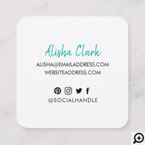 Like Share Follow Brush Script Aqua Social Media Square Business Card