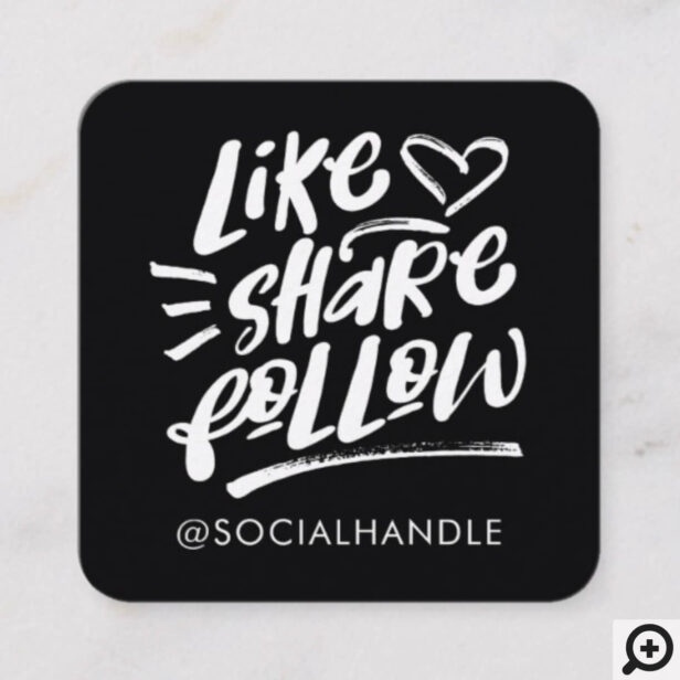 Like Share Follow Brush Script Black Social Media Square Business Card
