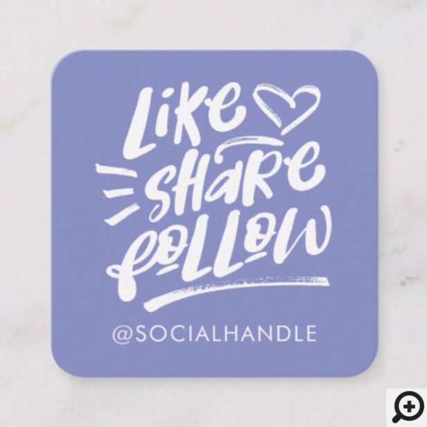 Like Share Follow Brush Script Violet Social Media Square Business Card