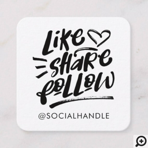 Like Share Follow Brush Script White Social Media Square Business Card