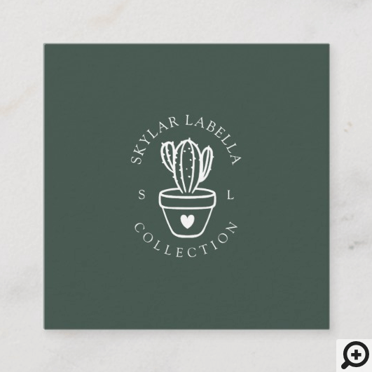 Modern Love Cactus Plant Line-Art Logo & Monogram Square Business Card
