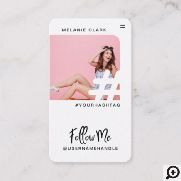 Modern Trendy Social Media Follow Me Hashtag Photo White Business Card