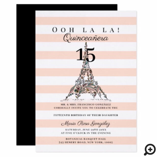 Ooh La La Floral Eiffel Tower Paris Quinceañera Invitation