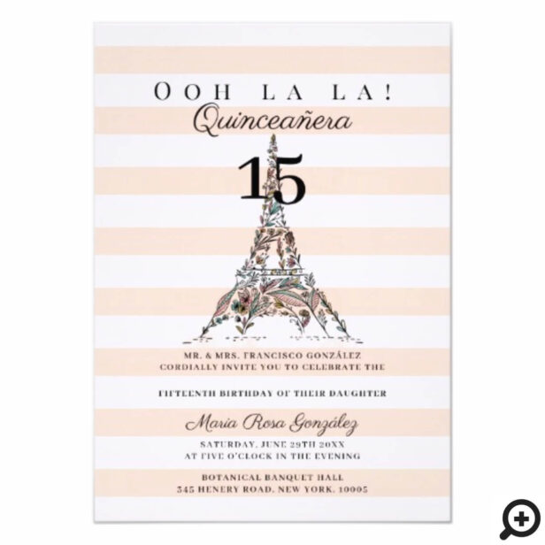 Ooh La La Floral Eiffel Tower Paris Quinceañera Invitation