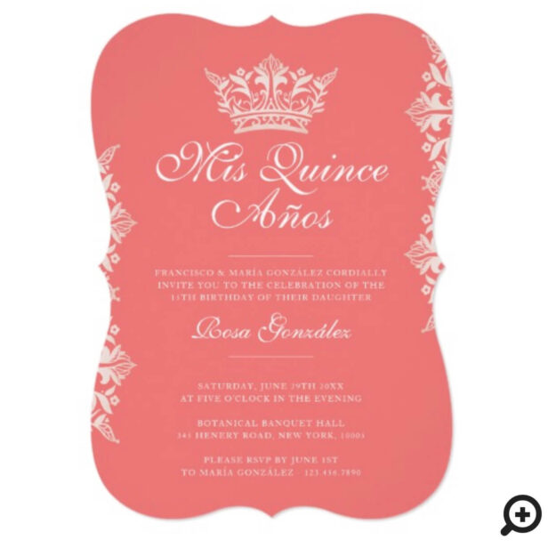 Royal Blush Leaf Crown Elegant Pink Quinceañera Invitation